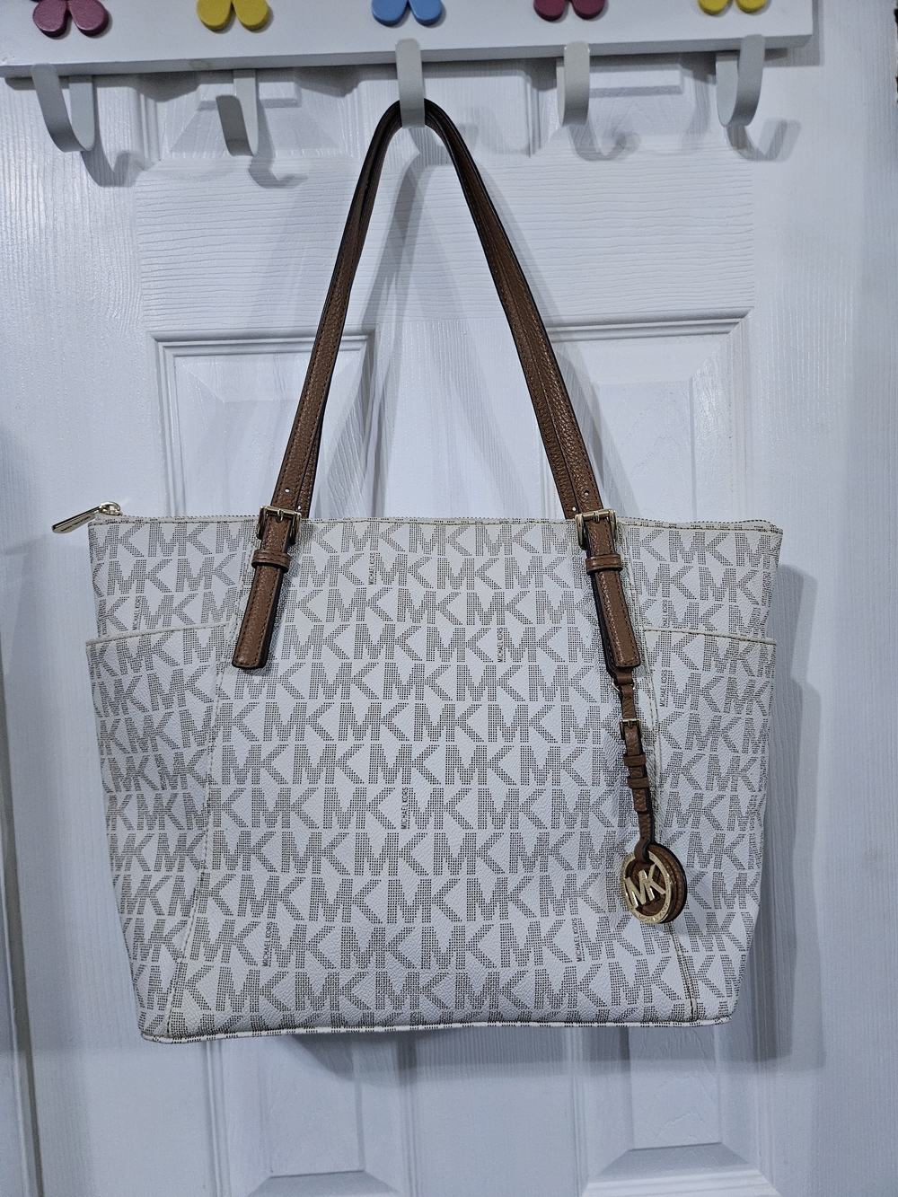 Michael Kors Cream and Brown MK Logo Large Tote - New W/tag